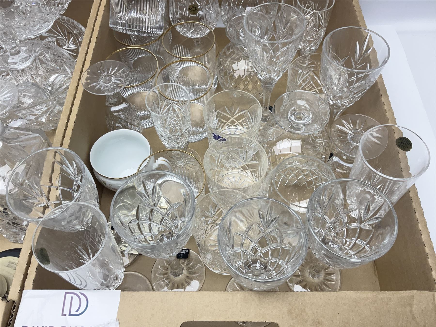 Large collection of crystal glassware, together with glass decanters, bowls, covered bon bon dish etc, in two boxes 