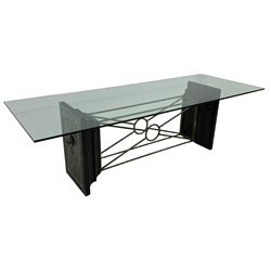 Tempus Stet - 'The Corinth Architectural' dining table, rectangular glass top on moulded composite end supports inset with bronzed metal panels, united by metal stretchers 