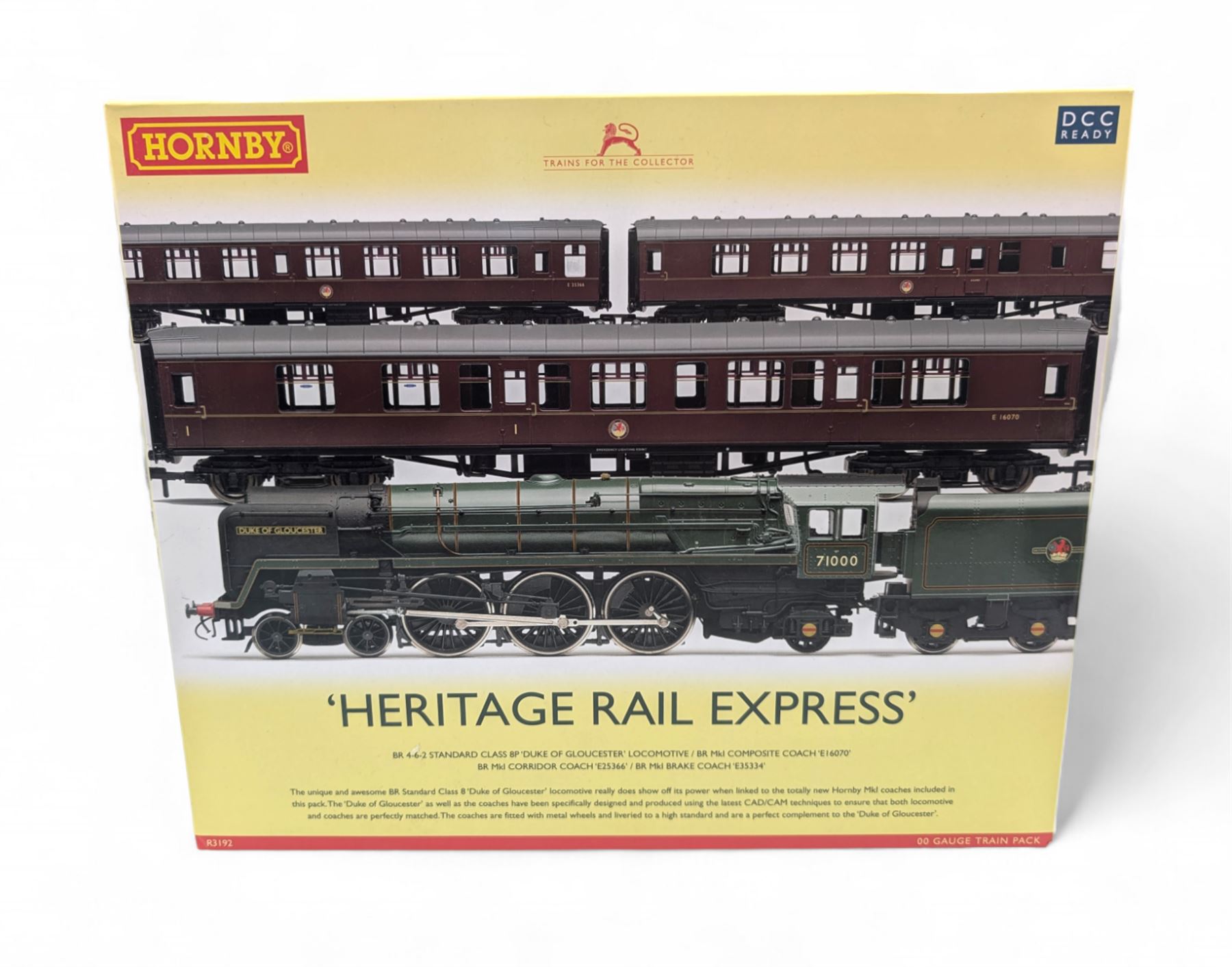 Hornby '00' gauge DCC ready Heritage Rail Express Train Pack R3192, comprising Class 8P 4-6-2 'Duke of Glouscester' locomotive no. 71000 in BR green, MkI Composite Coach no. EI6070, MkI Corridor Coach no. E25366 and MkI Brake Coach no. E35334, in original box