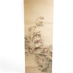 Japanese School (Meiji Period): Baboons in a Tree, watercolour on silk  signed and stamped, with scroll backing 120cm x 40cm