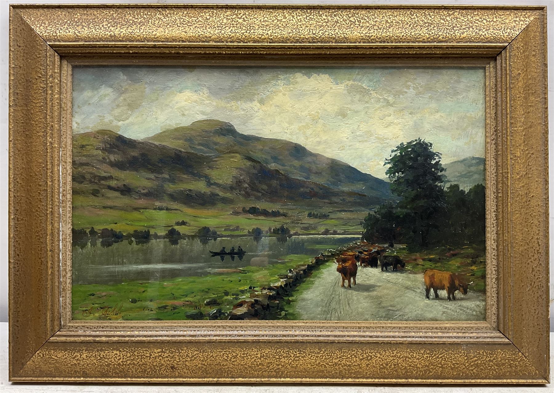 J Gibb (19th century): Scottish Highland Cattle by the Lochside, oil on board signed, further view verso 23cm x 37cm