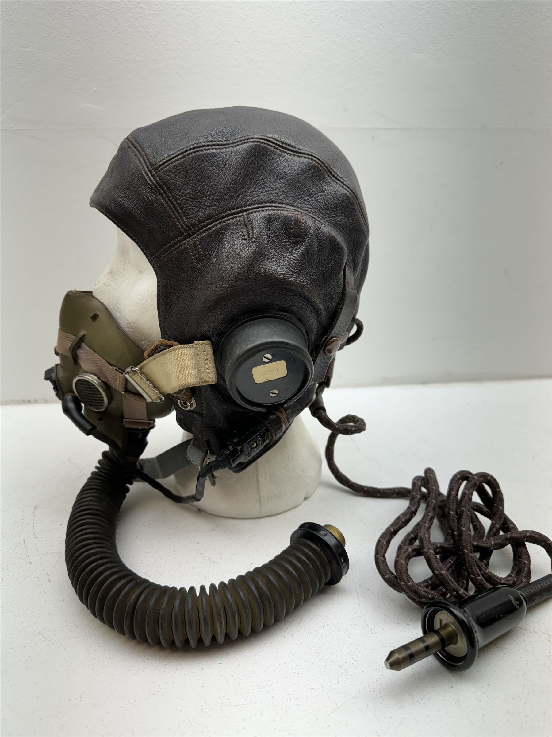 British RAF Flying Helmet complete with AM marked headphones and wiring loom with jack plug, with oxygen mask 