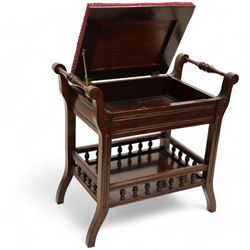 Late Victorian walnut piano stool, hinged upholstered seat enclosing storage space flanked by turnings, on S-scroll carved supports terminating to splayed feet, united by galleried undertier 