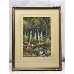 George F Hargitt (Scottish/Canadian 1837-1927): Woodland Stream with Children Fishing, watercolour and gouache signed and dated 35cm x 25cm
Provenance: from the Library of John Henry Birkenshaw (probably 1891-1948 Toronto) Canada, label verso