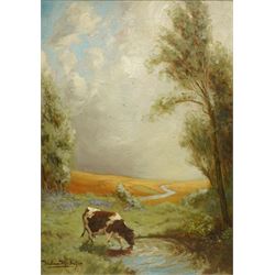 William McIntyre (Scottish Early 20th century): Cow Watering from a Country Pool, oil on board signed 39cm x 27cm