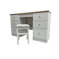 Oak and white finish twin pedestal dressing table or desk, fitted with six drawers and with stool