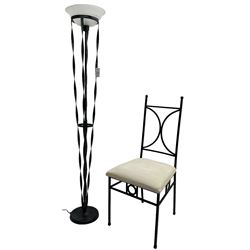 Wrought metal standard lamp (H170cm); wrought metal side chair with curved X-framed back over upholstered seat (W49cm)