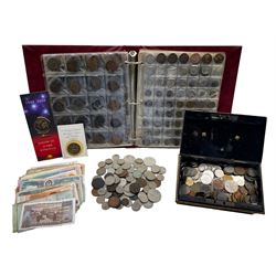 Great British and World coins, including pre-decimal pennies and other denominations, pre-Euro coinage, various banknotes with Central Bank of the Gambia, Central Bank of Kenya etc, housed in a vintage cash tin, ring binder folder and loose
