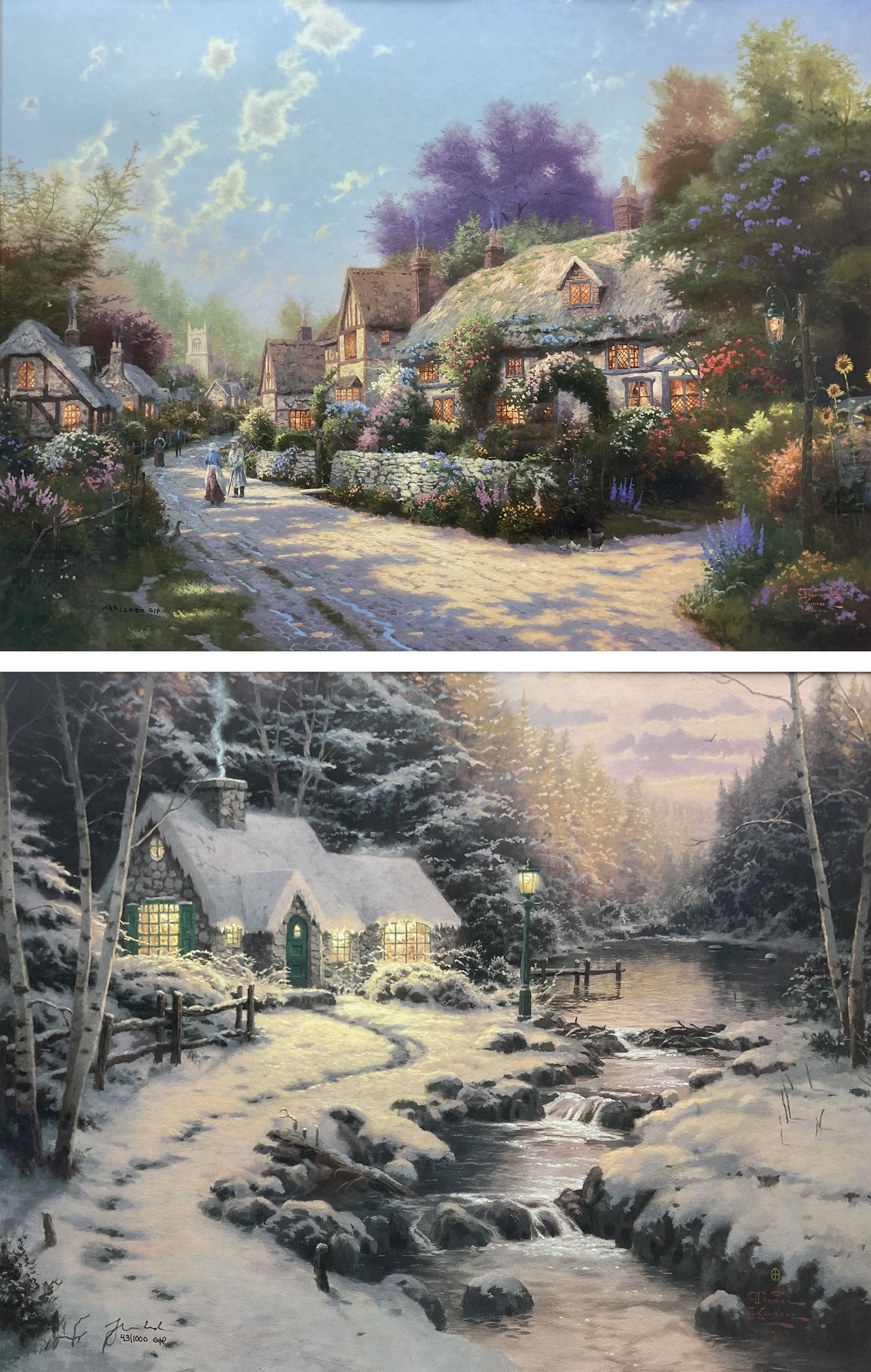 Thomas Kinkade (American 1958-2012): 'Cobblestone Village' and 'Evening Glow', two offset lithographs no.1435/2050 and no.43/1000, respectively, with Certificate of Authenticity 45cm x 60cm and 40cm x 50cm (2)