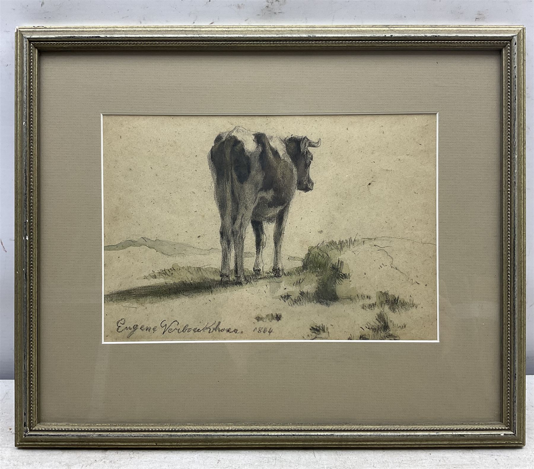 Eugene Verboeckhoven (Belgian 1798-1881): Portrait of a Cow, watercolour signed and indistinctly dated 18*, 16cm x 23cm 