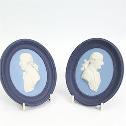 Wedgwood Jasperware miniature tea set for one, on a matched tray, oval scent bottle with silver cover, four caddy spoons, miniature bell, seven thimbles, together with a cased pair of portrait medallions of Josiah Wedgwood FRS and Thomas Bentley 