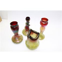 Four Austrian Art Nouveau vases, including a Rindskopf Pepita vase, the tapering iridescent green and red body with three pinched points, and another Rindskopf example with applied snake decoration, tallest H23cm (4)