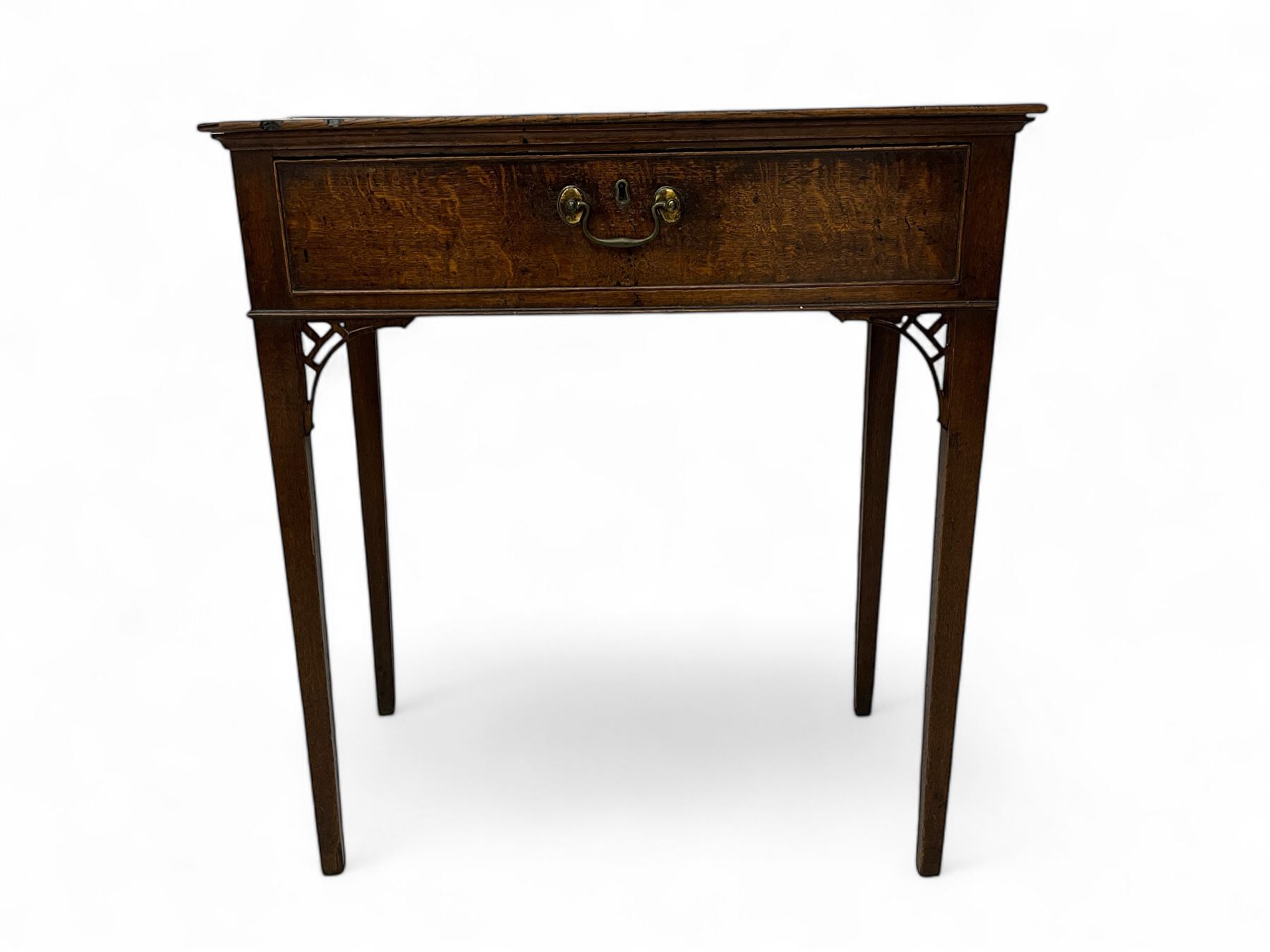 19th century oak side table, rectangular top over single cock-beaded drawers, on square tapering supports with fretwork corner brackets 