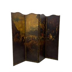 19th century four panel folding room screen, each leather panel painted with scenes from 'The Embarkation for Cythera' after Jean-Antoine Watteau (French 1684-1721), depicting a fête galante celebration with amorous couples and Cupids, with them a gilt statue of Venus, set within a classical capriccio landscape on the Greek island of Cythera, inscribed and titled verso with a verse from 'Ode on a Grecian Urn' by John Keats