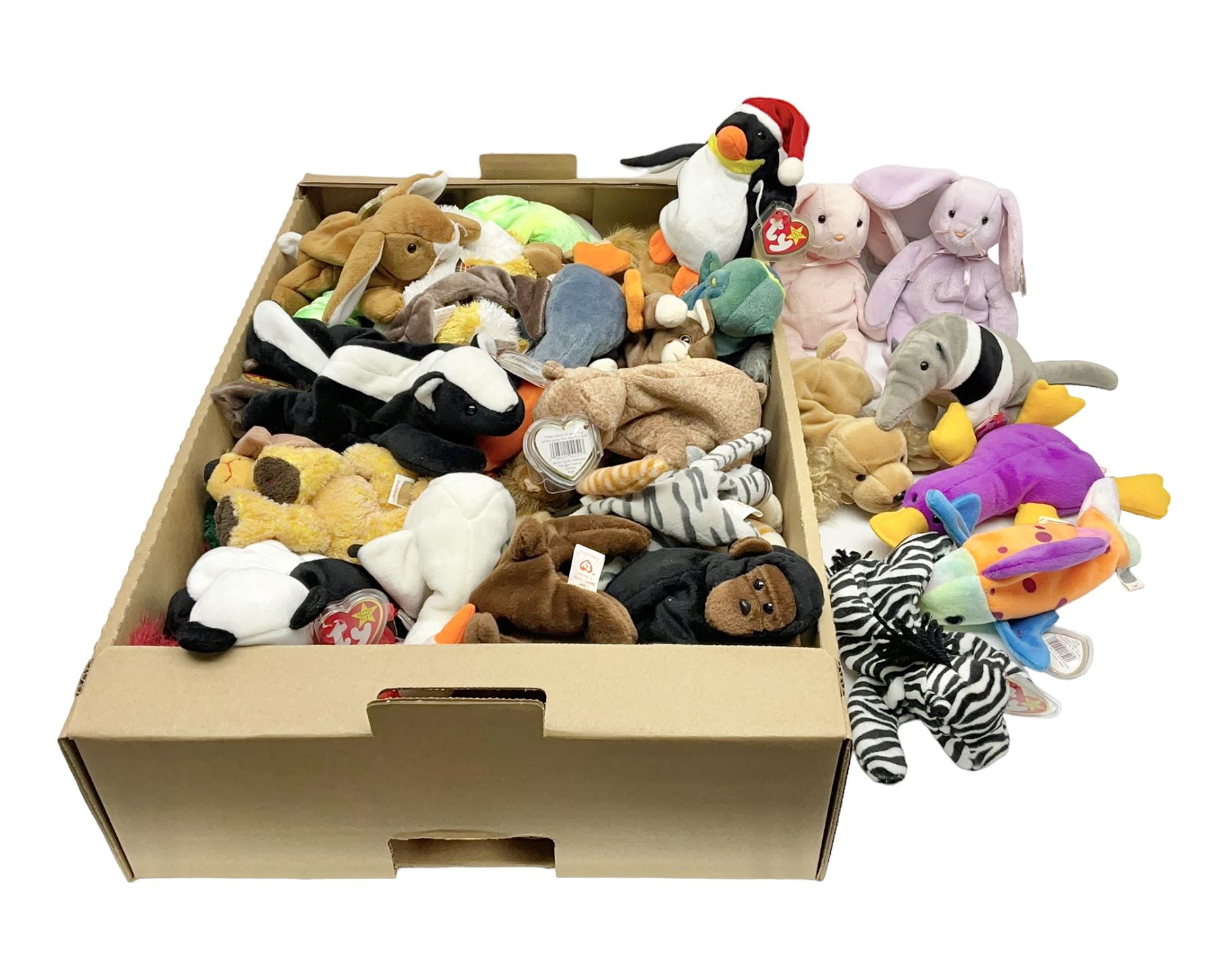 Fifty Ty Beanie babies, including Stinky, Lips, Ants, Zero, Spunky etc