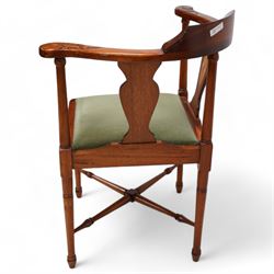 Edwardian inlaid mahogany corner chair, sage green upholstered seat