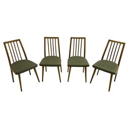 Set of four mid-20th century beech framed dining chairs, vertical slat back over upholstered seats, on tapering supports