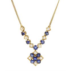 18ct gold oval cut sapphire and round brilliant cut diamond pendant necklace, London 1980,...