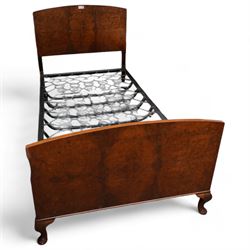 20th century figured walnut large single 3' 6'' bedstead with sprung base 