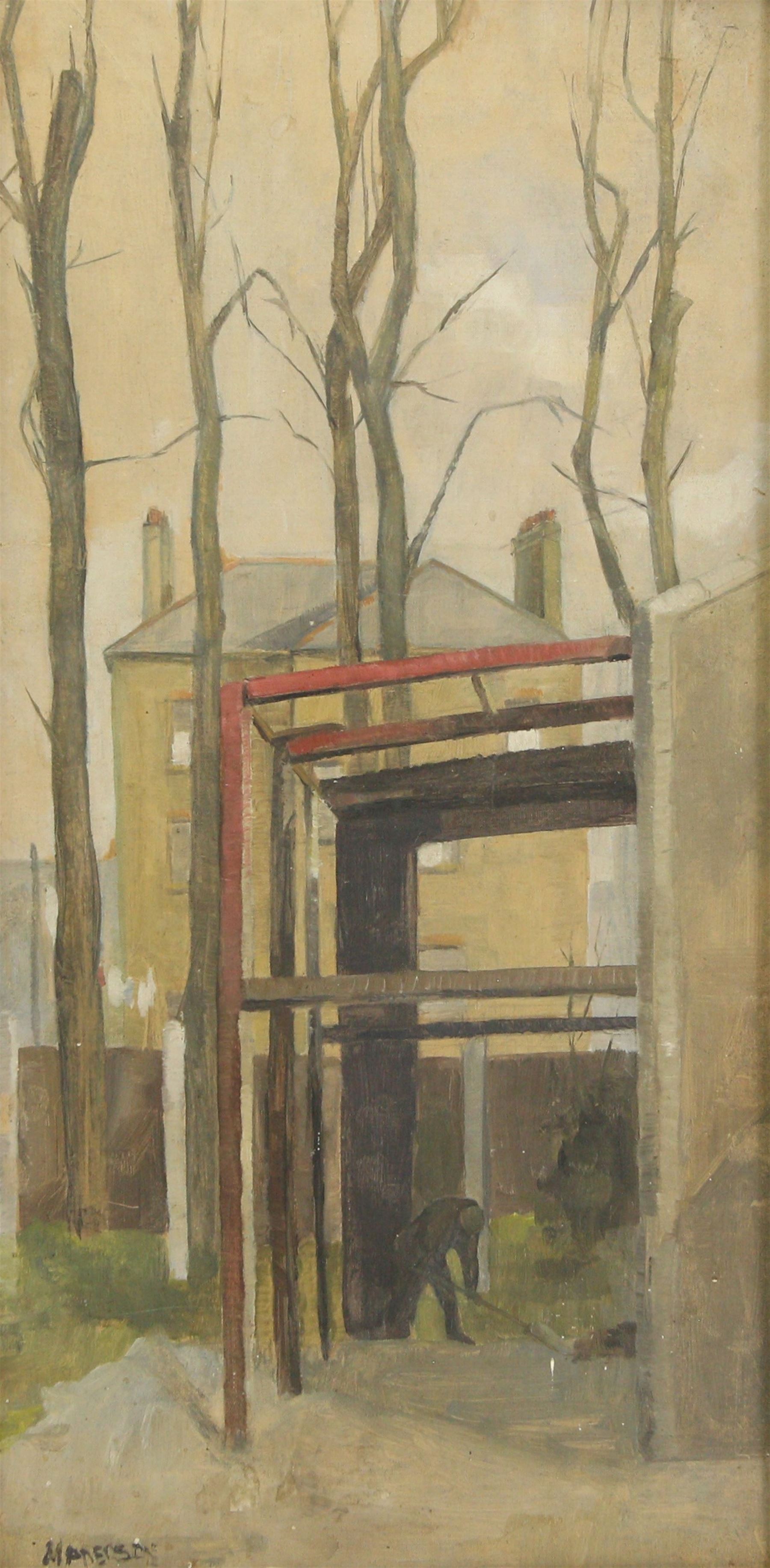 Maderson (British Mid-20th Century): Clearing the Yard, oil on board signed 44cm x 21cm 