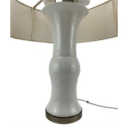 Early to mid 20th century Continental white glazed porcelain table lamp, of Gu form, with brushed metal fittings and large shade, base H47cm 