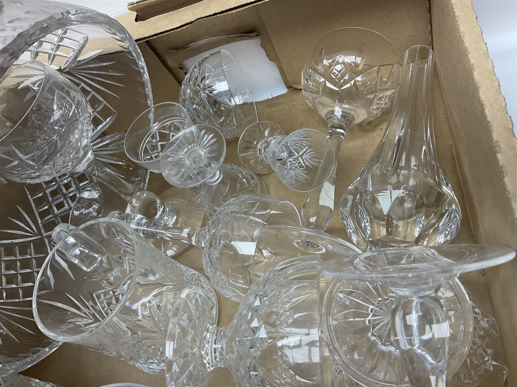 Cut crystal and glassware, including Stuart Crystal mushroom decanter, Elizabeth crystal vase, drinking glasses, tumblers, etc, in four boxes