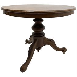 Victorian mahogany centre table, circular top on turned pedestal, on three flower head carved supports with scrolled terminals