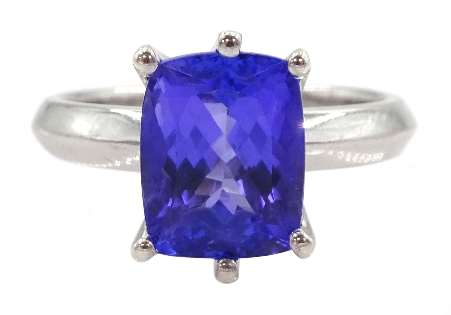 Silver single stone radiant cut tanzanite ring, stamped 925, tanzanite 3.46 carat