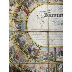 The Royal Game of British Sovereigns, Wallis (J. & E.) showing events in each reign from Egbert to George III, spiral track with 53 illustrations, the central oval filled with title and rules of the game, engraving with hand-colouring, H47cm., L62cm