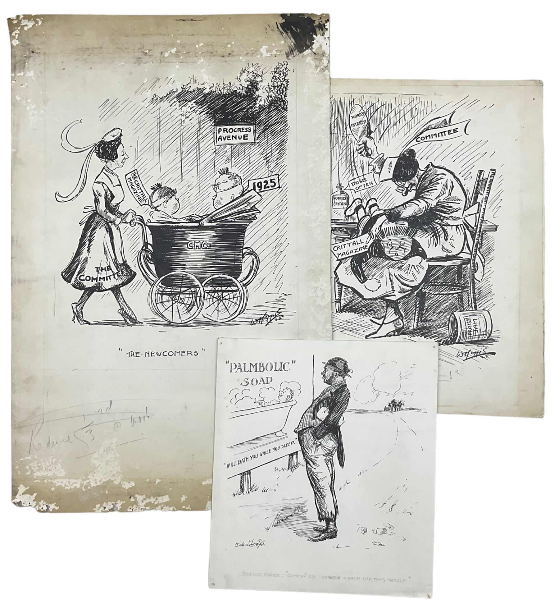 William O Norris (British 19th Century): Large folio of humorous pen and ink illustrations for Crittall Magazine and other original works to include various advertisement drafts for Eastern National and Marconis Wireless Telegraph Company, mostly dated '25, and a photograph of the artist at work, max 36cm x 46cm 