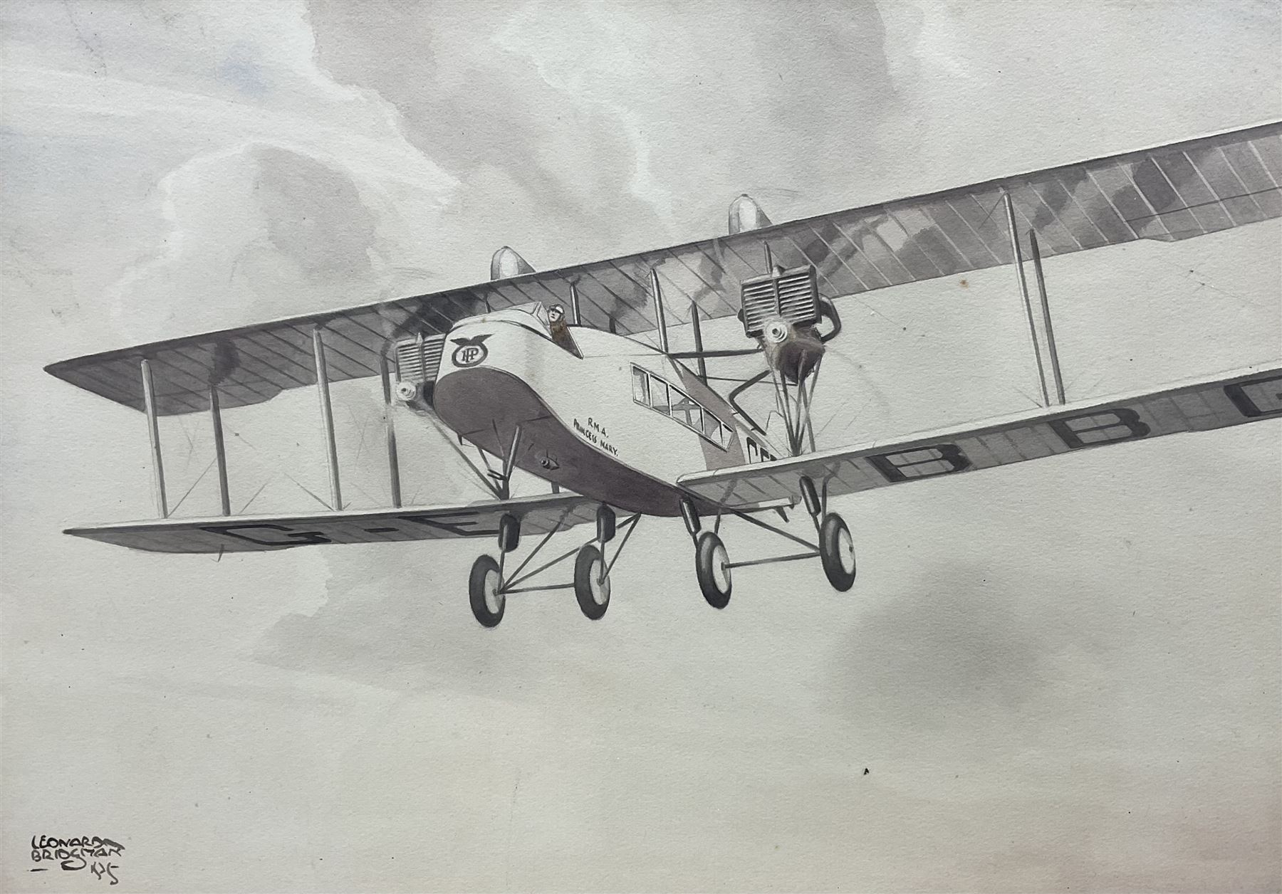 Leonard Bridgman (British 1895-1980): R.M.A Princess Mary - Biplane in Flight, monochrome watercolour signed 26cm x 36cm 