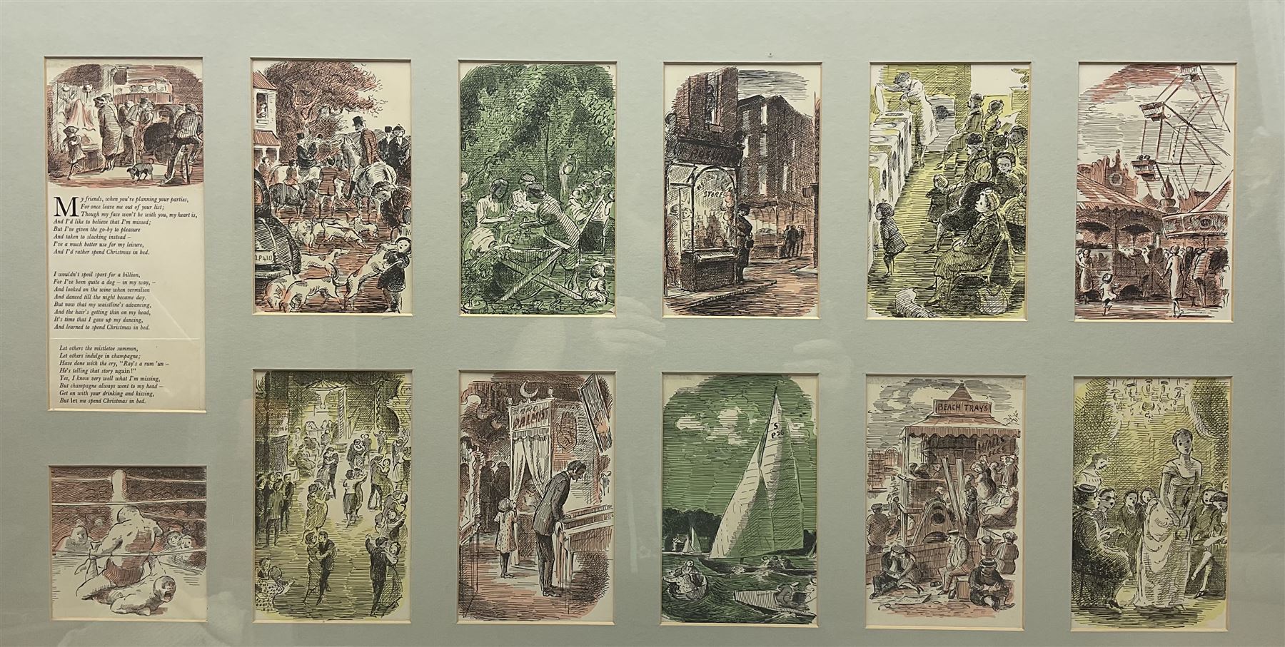 After Edward Ardizzone (British 1900-1979): Village Scenes, set of 12 prints framed as one, with accompanying poem overall 47cm x 87cm 