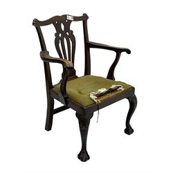 George III  elm and walnut elbow chair, shaped cresting rail over pierced and interlaced splat back, upholstered drop-in seat, on acanthus carved cabriole supports with ball and claw feet 