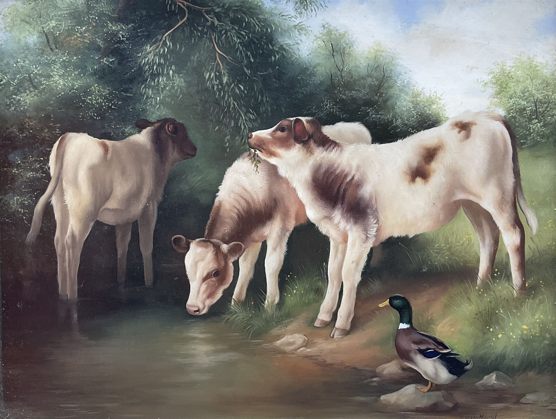 Carl Whitfield (British 1958-): Calfs Watering at a Stream, oil on panel signed 18cm x 23cm