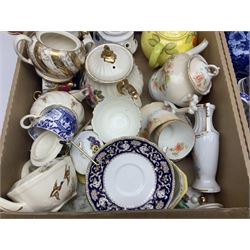 Blue and white ceramics, including three cheese domes and Ringtons jars, teawares, including a Royal Albert Moss Rose pattern teapot, Sadler and Arthur Wood examples and a collection of other ceramics, in three boxes 