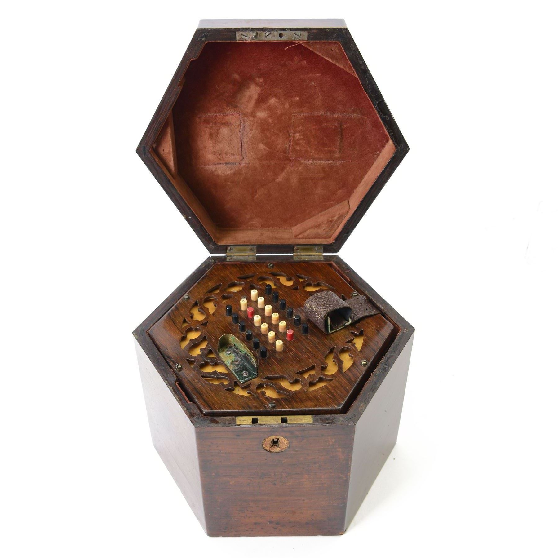 Wheatstone Concertina - in a hexagon velvet lined Rosewood case, with hexagonal fretted rosewood ends, four fold bellows 48 buttons and leather finger straps, oval plaque with makers name 