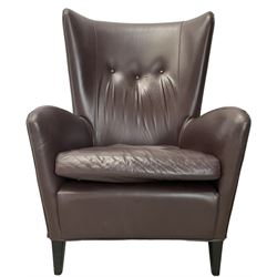 Wing back armchair upholstered in cocoa brown leather