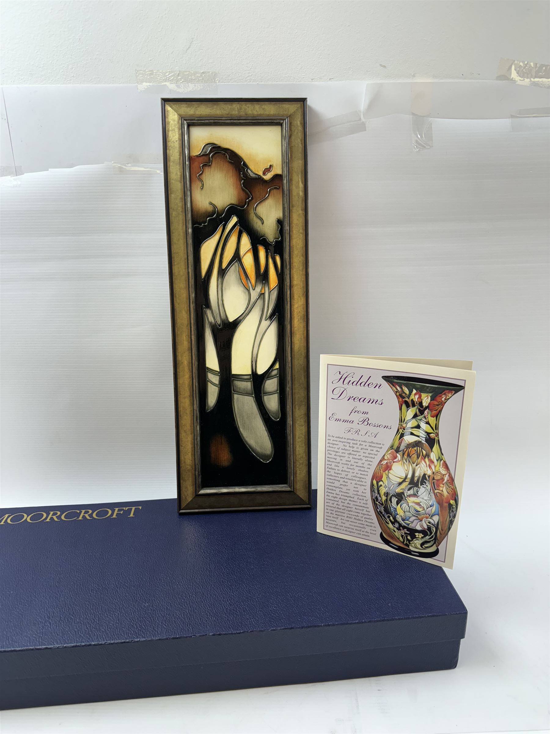 Moorcroft framed plaque, of rectangular form, decorated in the La Garenne pattern by Emma Bossons, circa 2005, signed by Emma Bossons, with original box, H47cm