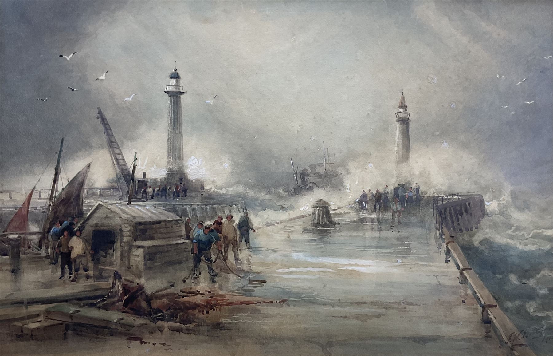 Frederick William Booty (British 1840-1924): Whitby Piers in Stormy Seas, watercolour signed and dated 1915, 39cm x 60cm