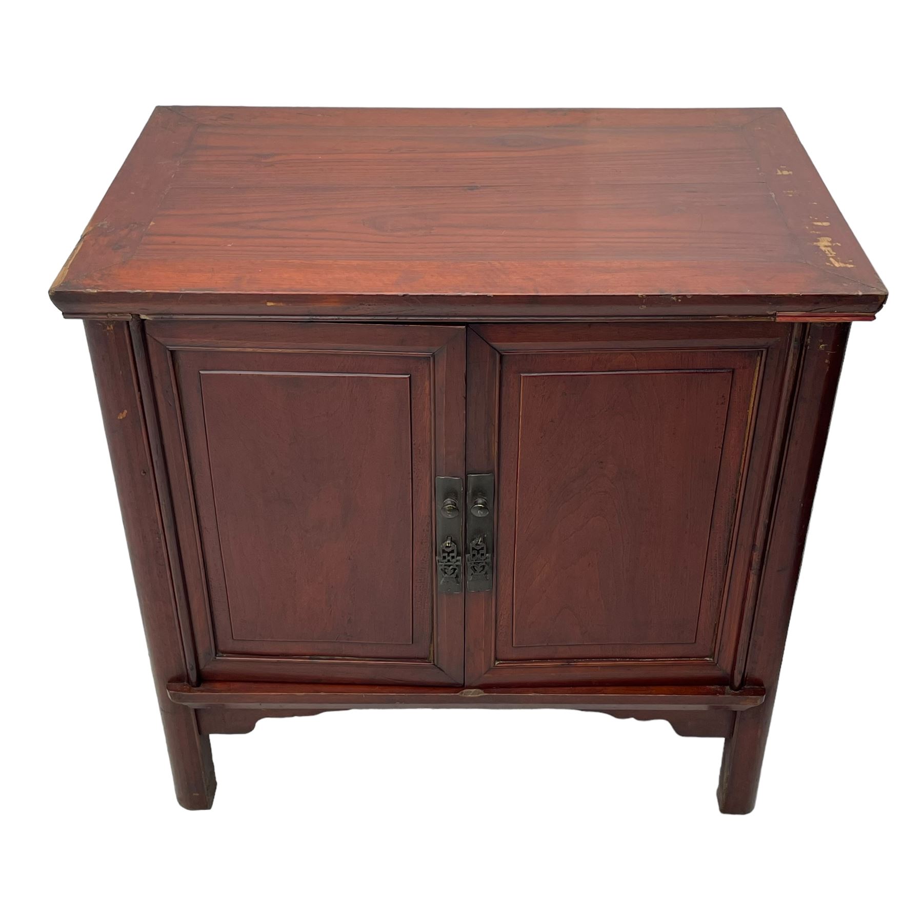 Pair of early 20th century Chinese red lacquered elm storage cupboards, rectangular top over two panelled doors, fitted with two internal drawers, on square supports with curved outer edge, panelled sides