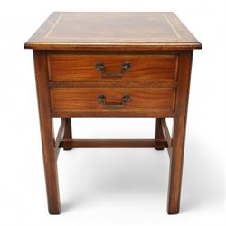 Georgian design mahogany bedside lamp table, square moulded top over two drawers, on square moulded supports united by H stretchers 