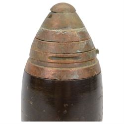 Inert British WWII, 13 pounder British shrapnel shell, marked 'O.F.3 PR, II, F S, K 25.1.07', fuse marked 'Lot 372 1915 BSC No 85', H25cm 