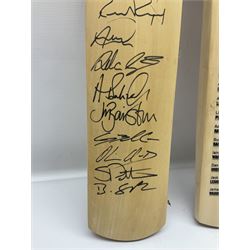 Three signed Yorkshire County cricket bats, including 2012 and 2013 seasons, bearing signatures including Andrew Gale, Joe Root, Johnny Bairstow, etc