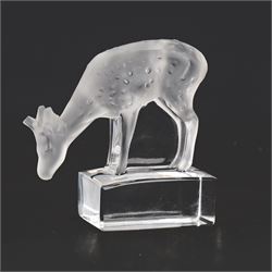 Lalique frosted glass model of a fawn, on clear rectangular plinth, engraved beneath Lalique France, H8cm