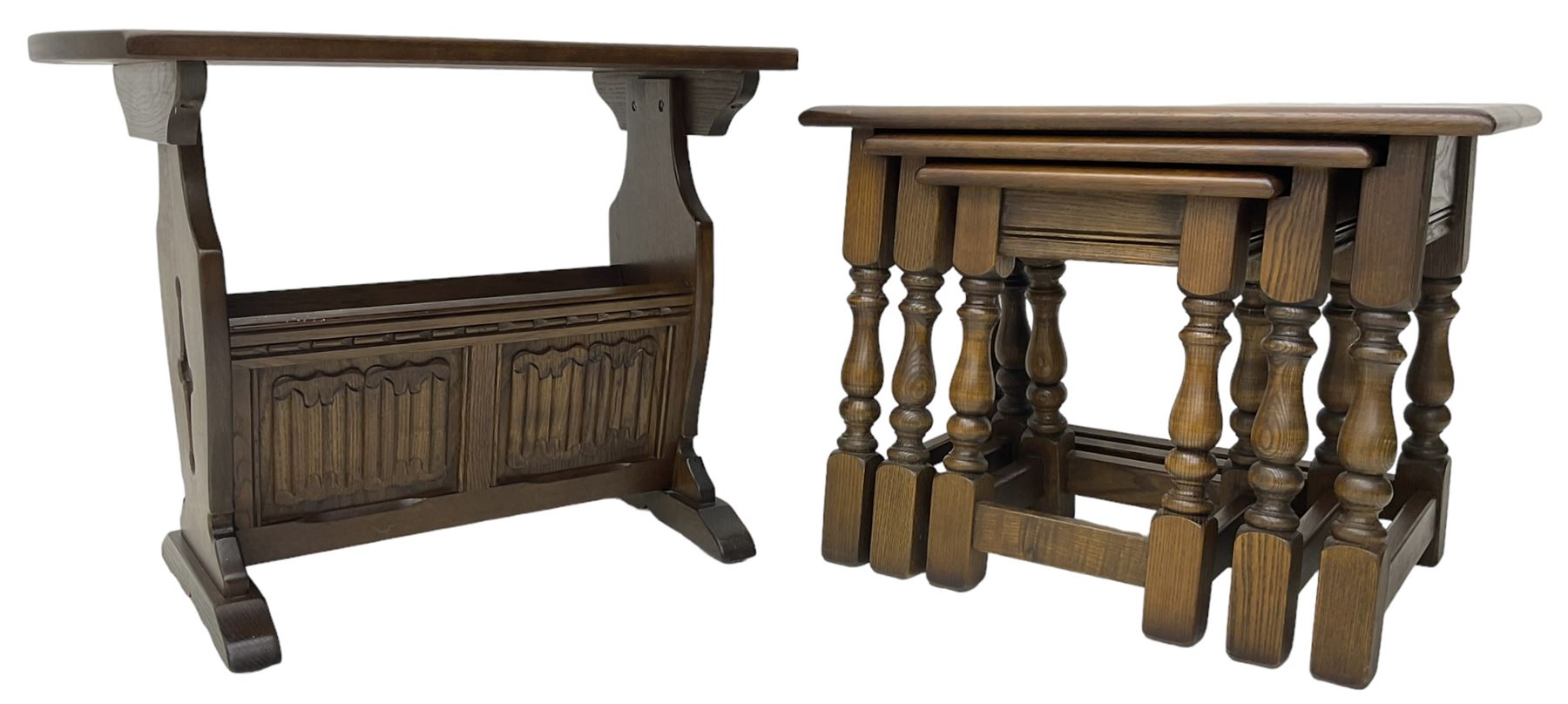 Old Charm - oak nest of three tables (W61cm, D33cm, H45cm); magazine table with carved linenfold detail (W66cm, D36cm, H51cm) (2)