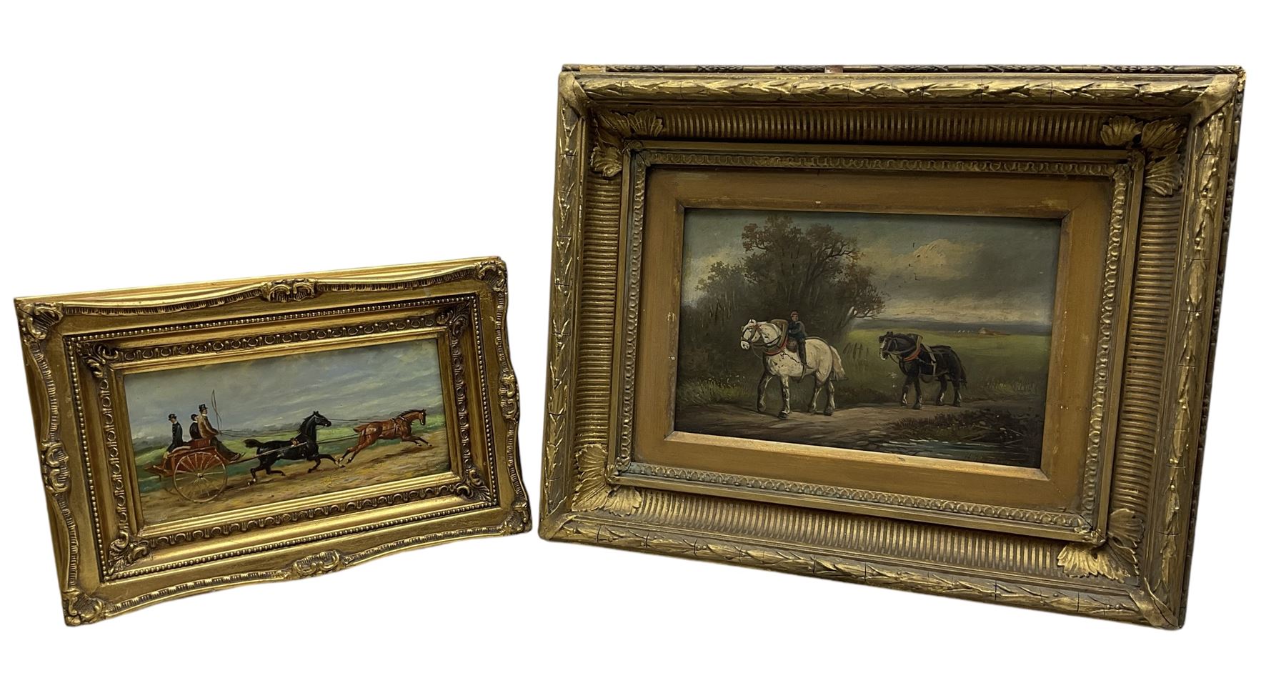 H B Melaille (British 19th Century): Draft Horses. oil on panel signed together with another similar oil of a horse and trap max 19cm x 29cm (2)