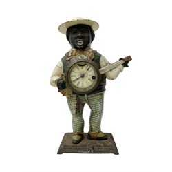 American  - Blinking-eye cast iron 30-hour banjo clock with a key wound spring driven movement and pin pallet escapement, dial bezel stamped 