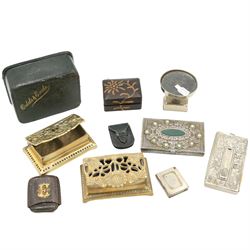 Victorian silver-plated card case, with sliding top, stamped Patent J.W.B, jewelled card case, together with various stamp holders including two leather pouches, silver-plated stamp box on stand, two pierced brass boxes etc 