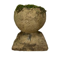 Set of three weathered cast stone gate post finials, circular orb on step-canted square base 