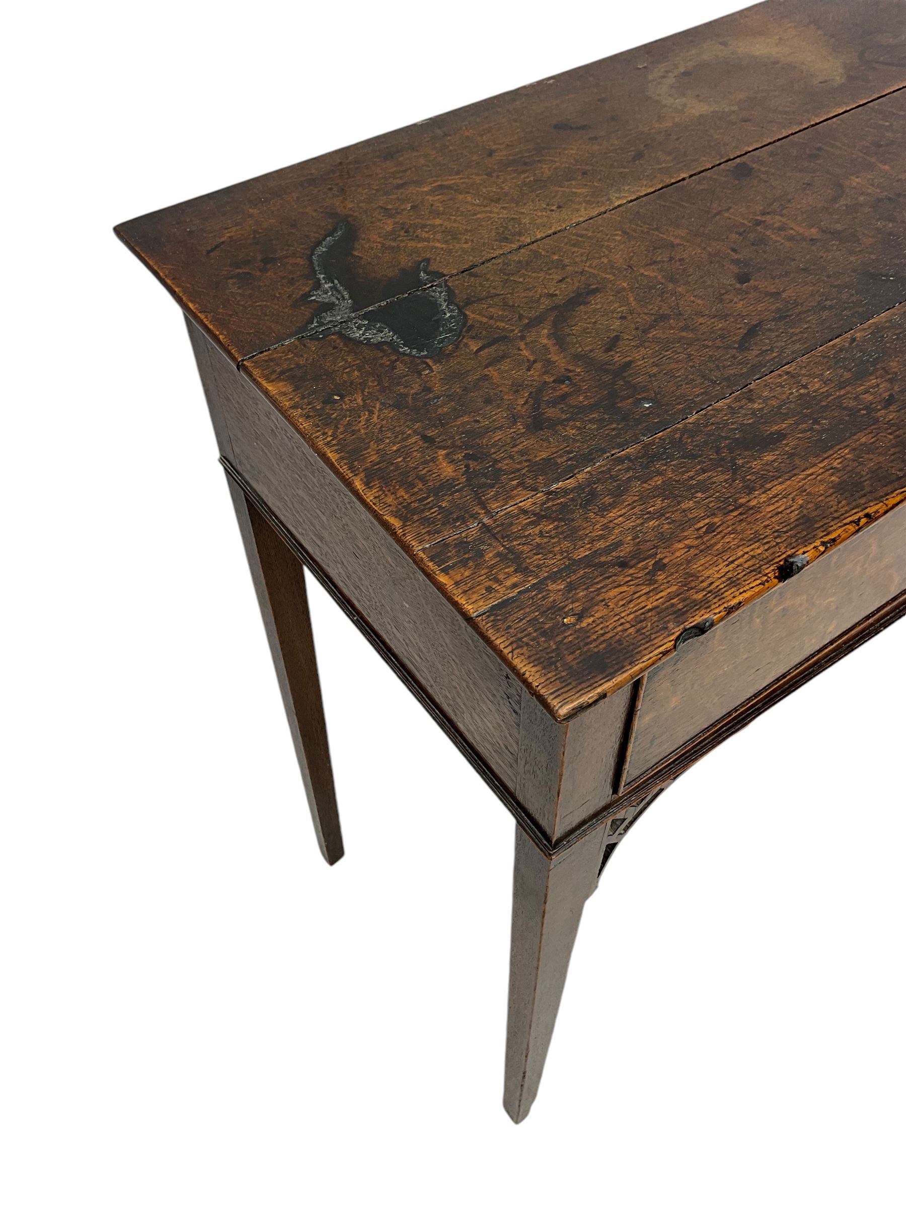 19th century oak side table, rectangular top over single cock-beaded drawers, on square tapering supports with fretwork corner brackets 